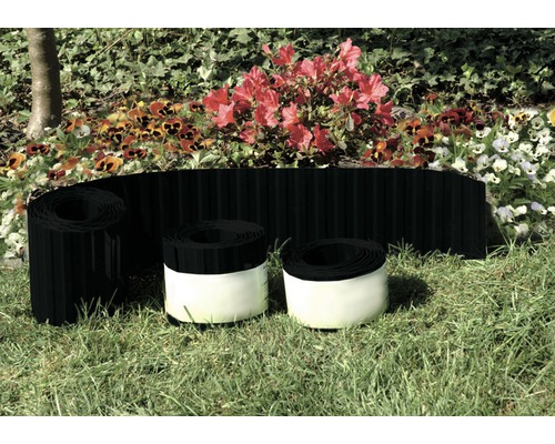 Bordure de gazon FloraSelf Classic 900 x 20 cm anthracite Scène de jardin avec pelouse et fleurs avec une bordure de gazon noire en plastique