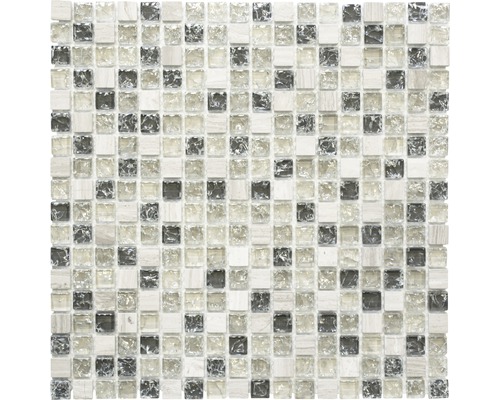 Mosaïque de verre avec pierre naturelle Quadrat XIC1052 mélange de gris-vert 30.5x30.5 cm