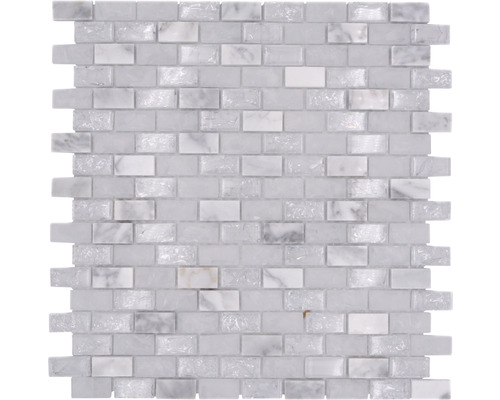 Glasmosaik mit Naturstein Brick XICB1111 mix weiss 30x28,5 cm