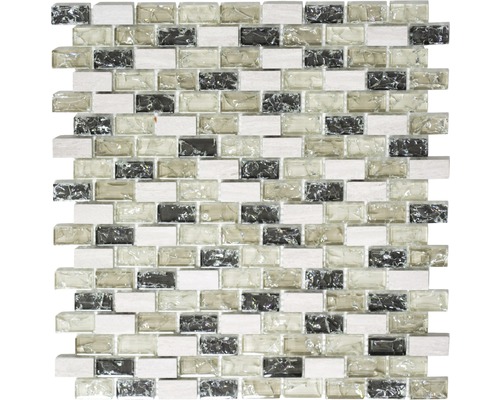 Glasmosaik mit Naturstein Brick XICB1152 mix graugrün 30x28,5 cm