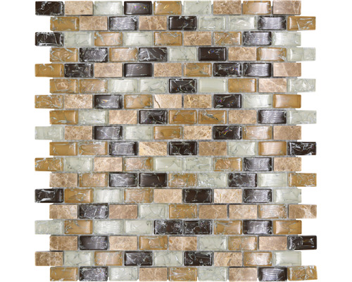 Glasmosaik mit Naturstein Brick XICB1153 emperador beige 30,5x28,5 cm