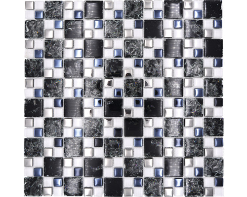 Mosaïque de verre Crystal XICK1499 noir-argent 33.8x33.8 cm Mosaïque avec éléments carrés de différentes tailles et surfaces