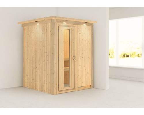 Elementsauna Karibu Achat Iohne Ofen mit Dachkranz und Holztüre mit Isolierglas wärmegedämmt