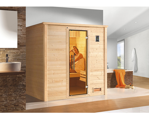 Sauna en bois massif Weka Bergen GT taille 3 avec poêle bio 7,5 kW et commande numérique et porte entièrement vitrée coloris graphite