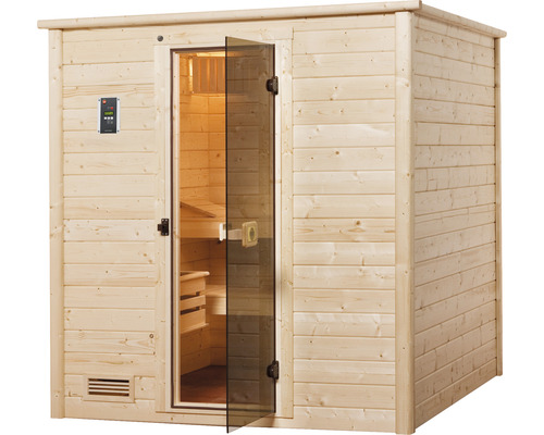 Sauna aus Holz mit Glastür und Bedienfeld