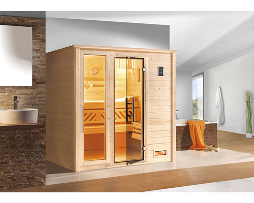 Sauna en bois massif Bergen GTF taille 3 avec poêle bio 7,5 kW et commande numérique, avec fenêtre et porte entièrement vitrée coloris graphite