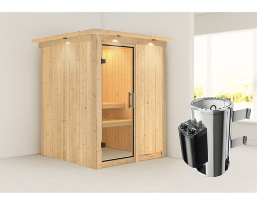 Sauna modulaire Karibu Achat I avec poêle 3,6 kW et commande intégrée, avec couronne et porte entièrement vitrée transparente