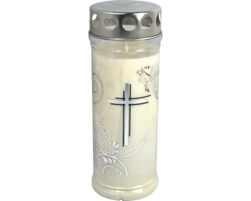 Bougie de tombe Premium 7 jours motif croix, H 22.7 cm blanche