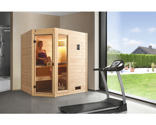 Sauna en bois massif Weka Valida GTF taille 1, avec poêle 5,4 kW et commande numérique, avec porte entièrement vitrée en verre transparent