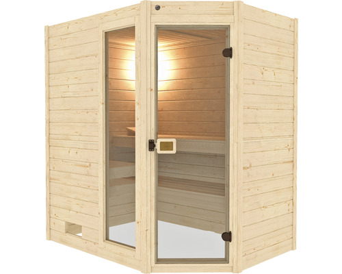 Sauna mit Holzwänden und Glastür