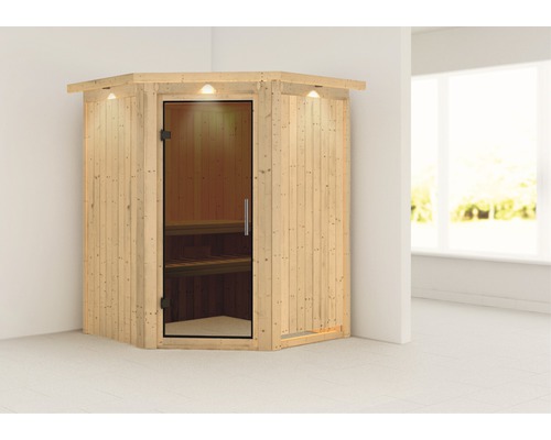 Ecksauna aus Holz mit Glastür und Innenbeleuchtung