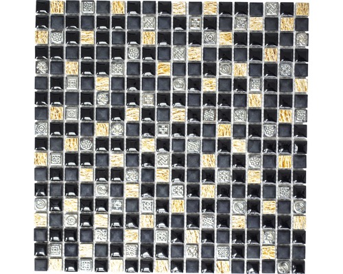 Natursteinmosaik Quadrat XRSS3K schwarz-kupfer 30x30 cm Mosaikfliese mit quadratischen schwarzen, grauen und goldenen Glaselementen