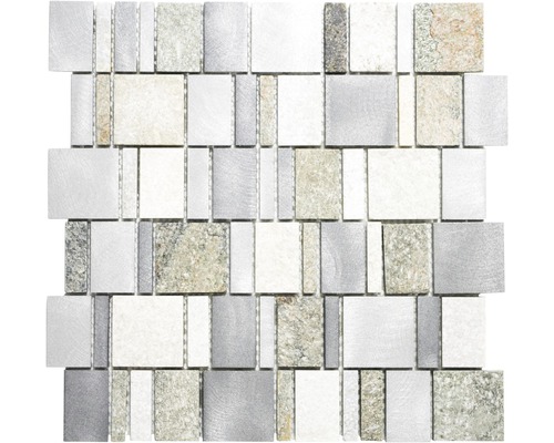 Natursteinmosaik XSA515 mix quarzit-aluminium 30x30 cm