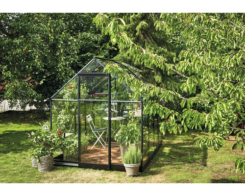 Serre avec plantes et mobilier de jardin dans le jardin