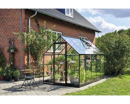 Serre de jardin avec plantes et coin salon