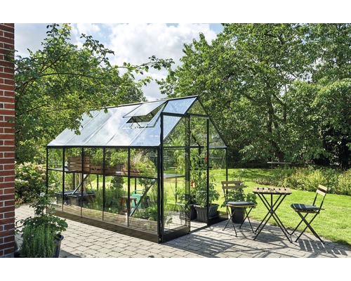 Serre de jardin avec plantes et table de jardin