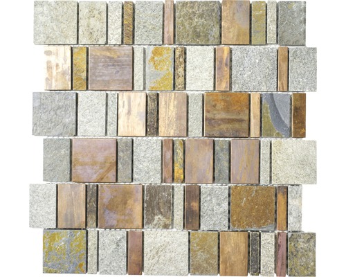 Mosaïque en pierre naturelle XSA585 mélange de cuivre 30x30 cm Mosaïque en pierre naturelle avec éléments rectangulaires et carrés