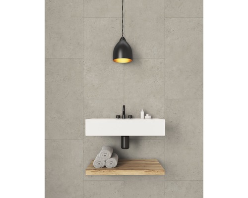 Panneau en plastique GX Wall + Beige Concrete 600 x 300 x 5 mm Salle de bains moderne avec lavabo, serviettes et suspension