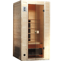 Sauna aus Holz mit Glastür und Steuerungselement