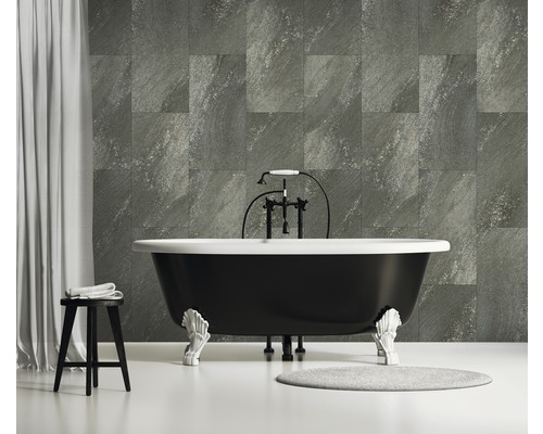 Panneau en plastique G x Wall+ Dark Stone 600 x 300 x 5 mm Salle de bains avec baignoire îlot, tabouret et carreaux muraux