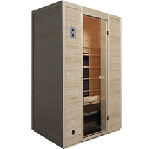 Sauna aus Holz mit Glastür und Steuerungselement