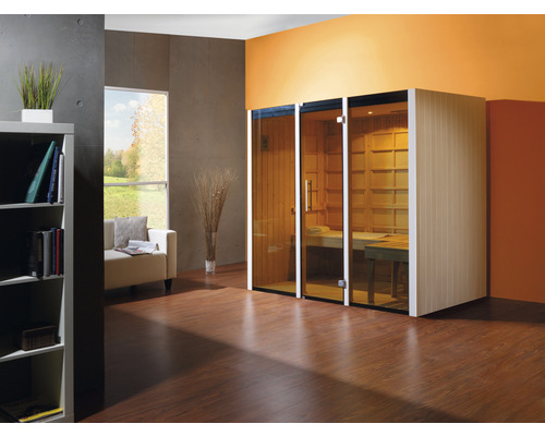 Interieuransicht eines Raumes mit einer Sauna mit Glastüren und Holzverkleidung