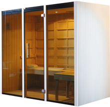 Sauna avec porte en verre et revêtement en bois