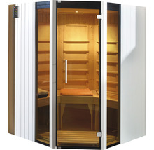 Sauna d''angle avec porte en verre et bancs en bois