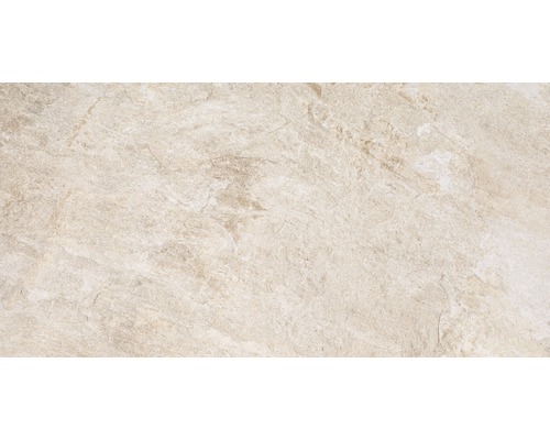 Nahaufnahme einer beigen Steinzeugfliese mit Marmorstruktur.