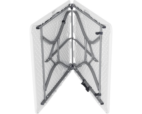 Zusammengeklappter Klapptisch mit Kunststoffoberfläche und Metallgestell