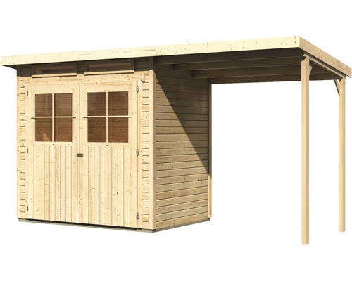 Abri de jardin en bois avec double porte et auvent