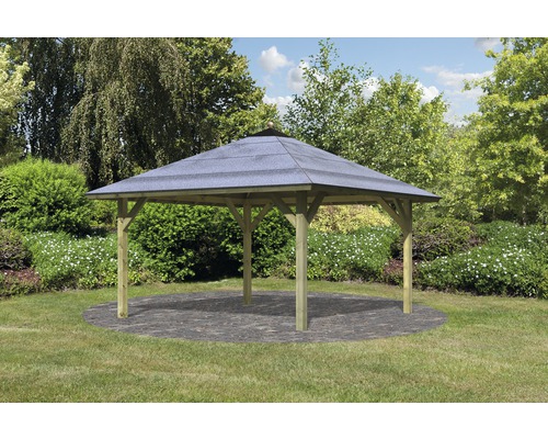 Pavillon de jardin avec cadre en bois et carton bitumé dans le jardin