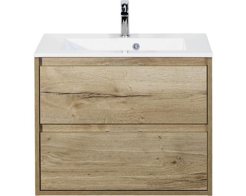 Set de meubles de salle de bains sanox Porto 70 cm chêne nature 2 pièces meuble bas avec lavabo en fonte minérale