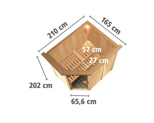 Draufsicht Ecksauna mit Maßangaben: 210 cm, 165 cm, 202 cm, 57 cm, 27 cm und 65,6 cm