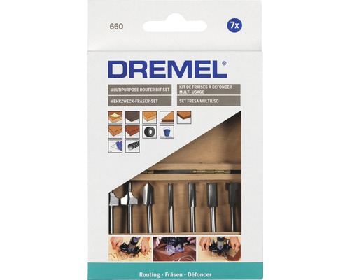 Dremel Kit de fraises à défoncer multi-usage, sept pièces dans une boîte en bois