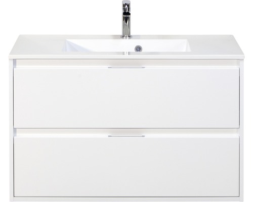 Set de meubles de salle de bains sanox Porto 90 cm blanc haute brillance 2 pièces meuble bas avec lavabo en fonte minérale