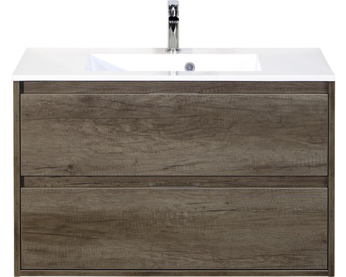 Set de meubles de salle de bains sanox Porto 90 cm nebraska oak 2 pièces meuble bas avec lavabo en fonte minérale