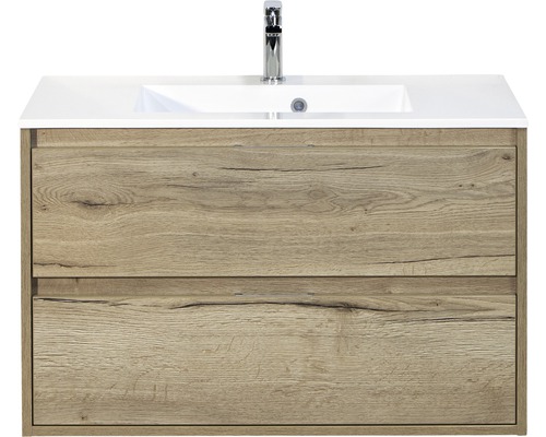 Set de meubles de salle de bains sanox Porto 90 cm chêne nature 2 pièces meuble bas avec lavabo en fonte minérale