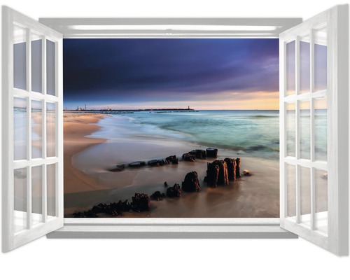 Papier peint panoramique intissé fenêtre avec plage 2.01x1.45 cm