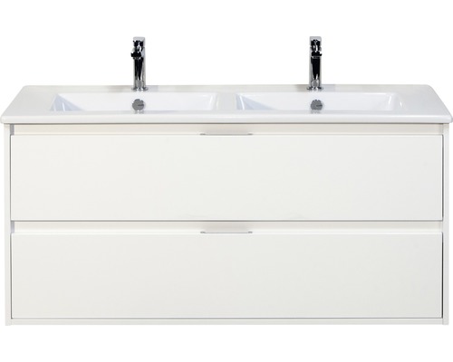 Set de meubles de salle de bains sanox Porto 120 cm blanc haute brillance 2 pièces meuble bas avec lavabo double en céramique