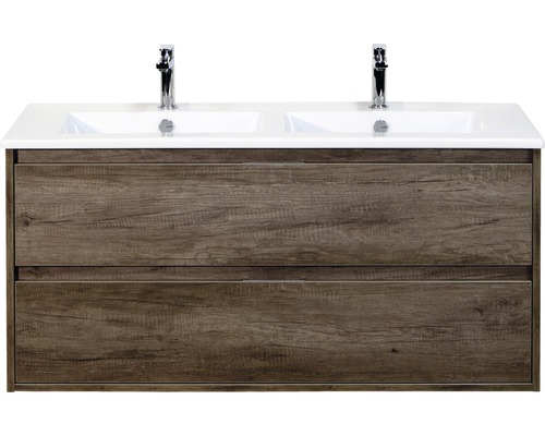 Set de meubles de salle de bains sanox Porto 120 cm nebraska oak 2 pièces meuble bas avec lavabo double en céramique