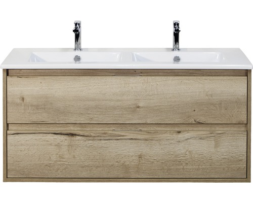 Set de meubles de salle de bains sanox Porto 120 cm chêne nature 2 pièces meuble bas avec lavabo double en céramique