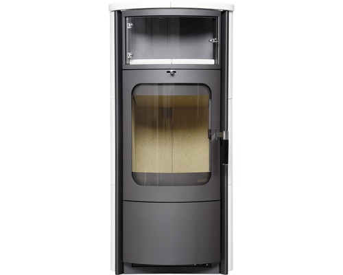 Poêle à bois avec façade en verre et compartiment de stockage du bois