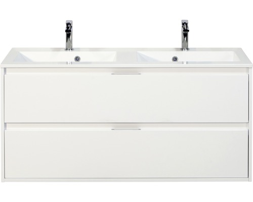 Set de meubles de salle de bains sanox Porto 120 cm blanc haute brillance 2 pièces meuble bas avec lavabo double en fonte minérale