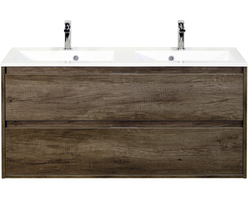 Set de meubles de salle de bains sanox Porto 120 cm nebraska oak 2 pièces meuble bas avec lavabo double en fonte minérale