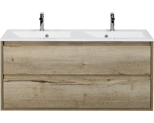 Set de meubles de salle de bains sanox Porto 120 cm chêne nature 2 pièces meuble bas avec lavabo double en fonte minérale