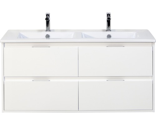 Set de meubles de salle de bains sanox Porto 120 cm blanc haute brillance 2 pièces meuble bas avec lavabo double en céramique