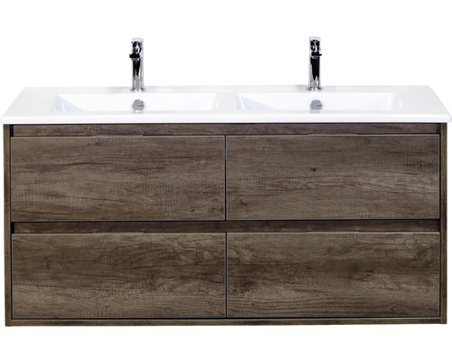 Set de meubles de salle de bains sanox Porto 120 cm nebraska oak 2 pièces meuble bas avec lavabo double en céramique