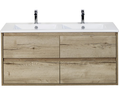 Set de meubles de salle de bains sanox Porto 120 cm chêne nature 2 pièces meuble bas avec lavabo double en céramique