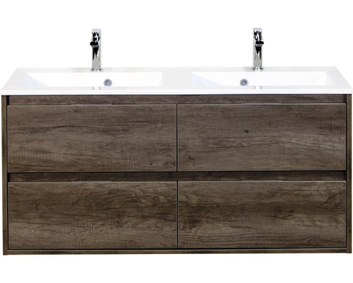 Set de meubles de salle de bains sanox Porto 120 cm nebraska oak 2 pièces meuble bas avec lavabo double en fonte minérale